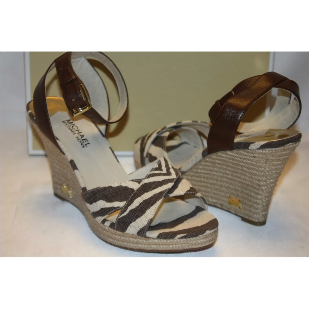 New! Michael Kors mocha tiger canvas wedge sandals